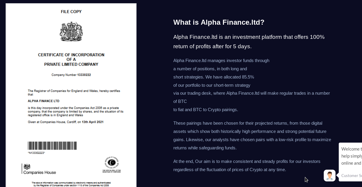 A screenshot of the 'Alpha Finance' webpage showing a UK company registration document